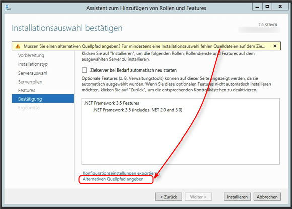 Windows Server 2012: .NET-Framework 3.5 – Alternativen Pfad der Installationsdateien auswählen