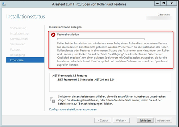 Windows Server 2012: Fehlermeldung beim Versuchen, das .NET-Framework 3.5 Feature zu installieren