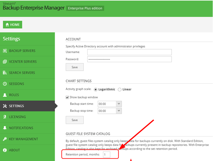 Veeam-Ordner VBRCatalog nimmt viel Speicherplatz weg Veeam Enterprise Manager: Option Retention Period