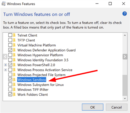 Windows Sandbox - Sandbox-Funktion für Windows 10 Windows Sandbox kann über die Windows-Features aktiviert werden